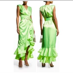 BRONX and BANCO Neon Green Lika Belted Asymmetric Ruffle Wrap Dress Size US 8